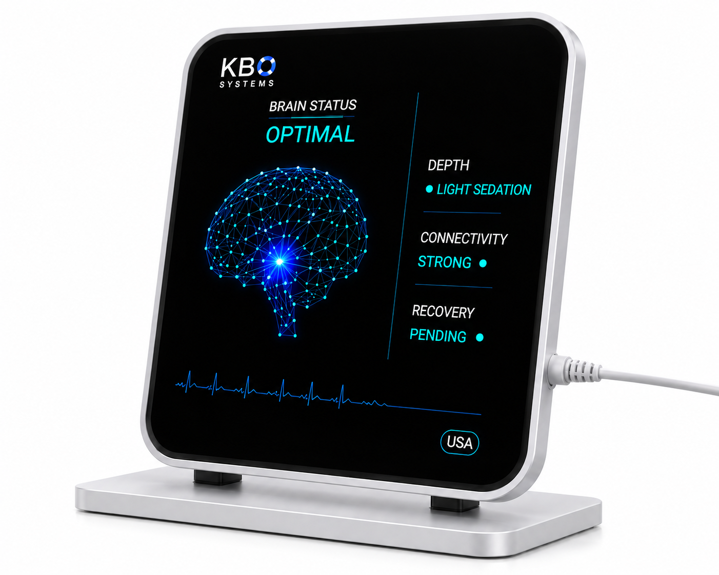 KBO Systems clinical monitor showing brain status, depth, connectivity and recovery
