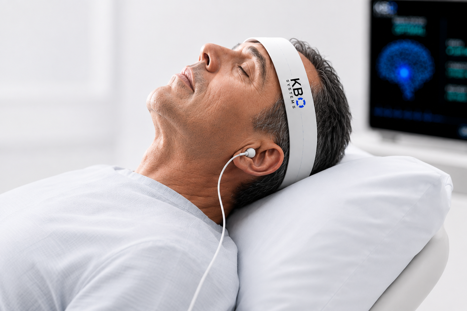 Patient wearing the KBO Systems headband and auditory sensor