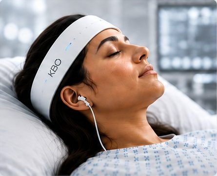 Patient wearing the KBO headband and earphone