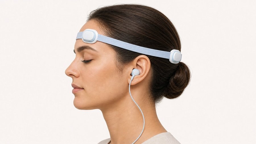 KBO platform worn on a patient: a soft EEG headband with three electrode pads positioned across the forehead, paired with an in-ear auditory probe for AEP stimulation